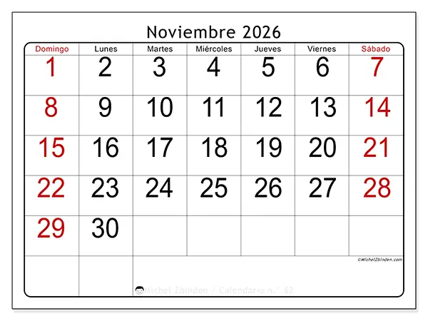 Calendario de noviembre de 2026 para imprimir - Lectura rápida - Semana de domingo a sábado