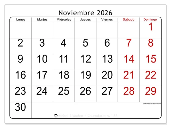 Calendario de noviembre de 2026 para imprimir - Lectura rápida