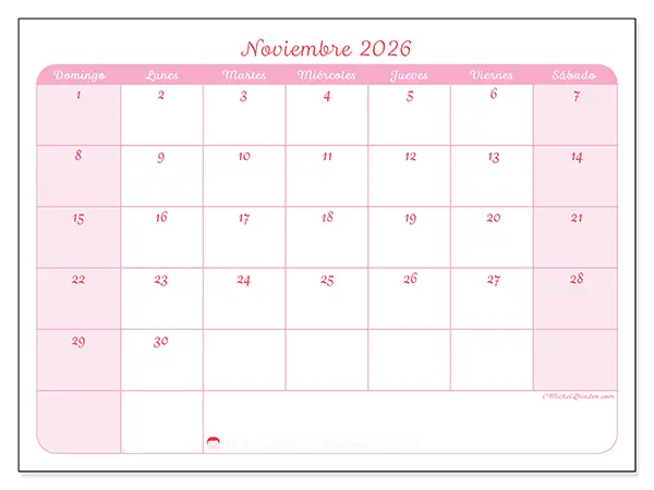 Calendario de noviembre de 2026 para imprimir - Organización en suavidad - Semana de domingo a sábado
