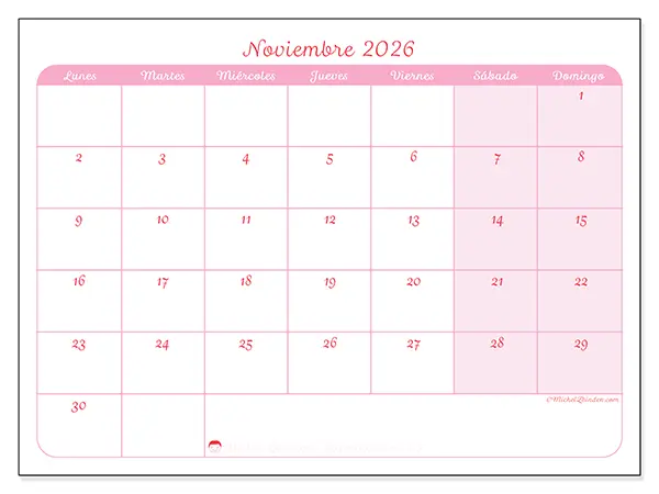 Calendario de noviembre de 2026 para imprimir - Organización en suavidad