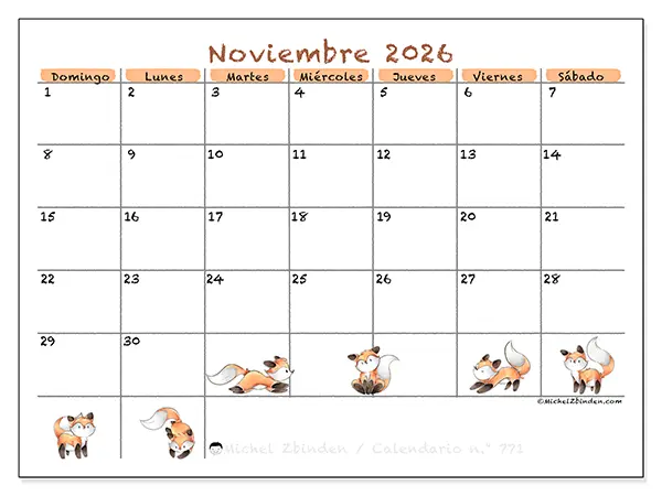 Calendario de noviembre de 2026 para imprimir - Dibujos de zorros - Semana de domingo a sábado