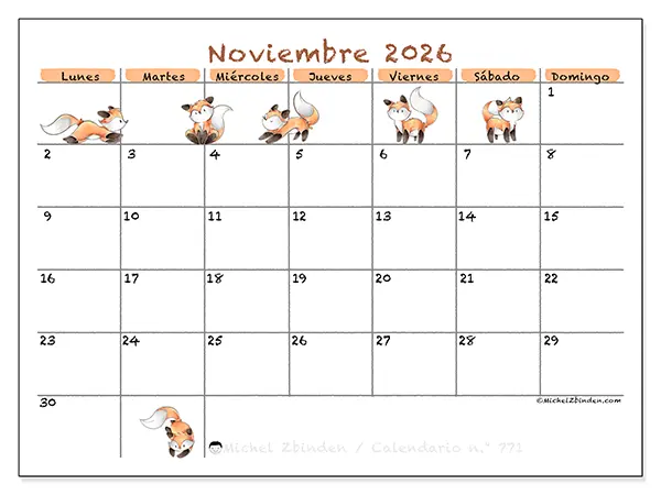 Calendario de noviembre de 2026 para imprimir - Dibujos de zorros