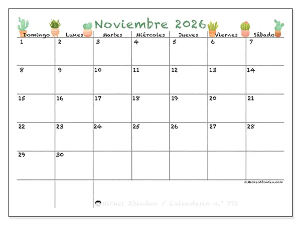 Calendario de noviembre de 2026 para imprimir - Cactus decorativos - Semana de domingo a sábado