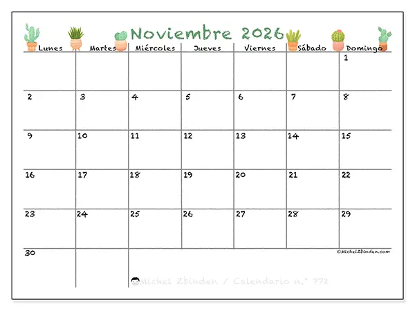 Calendario de noviembre de 2026 para imprimir - Cactus decorativos