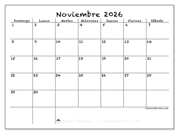 Calendario de noviembre de 2026 para imprimir - Escuela y familia - Semana de domingo a sábado
