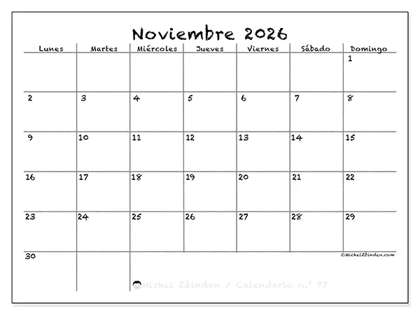 Calendario de noviembre de 2026 para imprimir - Escuela y familia