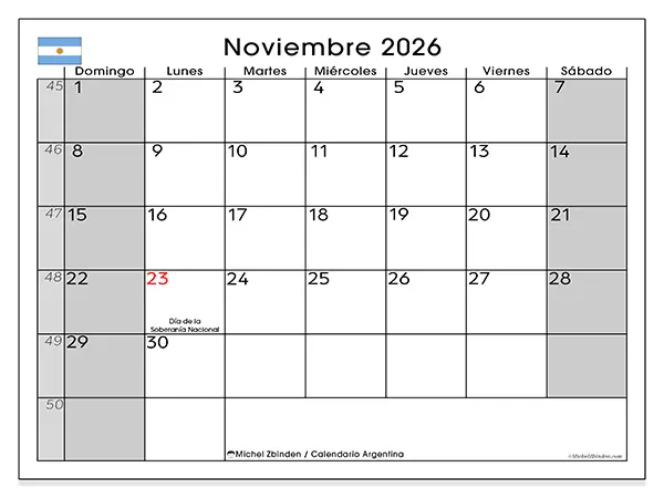 Calendario de noviembre de 2026 para imprimir - Argentina