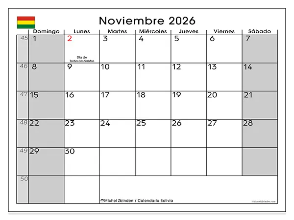 Calendario de noviembre de 2026 para imprimir - Bolivia