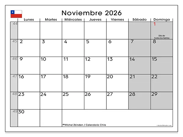 Calendario de noviembre de 2026 para imprimir - Chile
