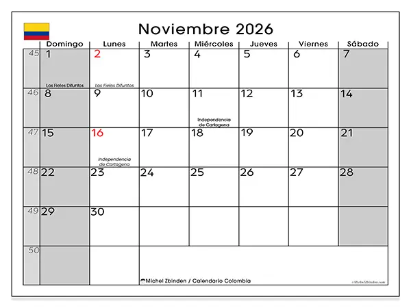 Calendario de noviembre de 2026 para imprimir - Colombia