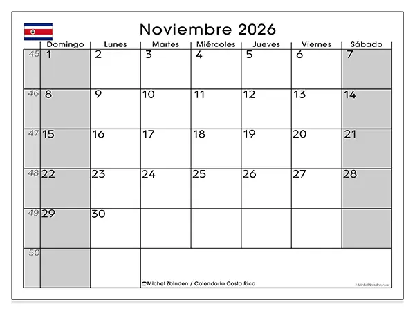 Calendario de noviembre de 2026 para imprimir - Costa Rica