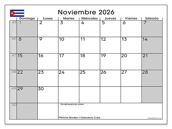 Calendario de noviembre de 2026 para imprimir - Cuba