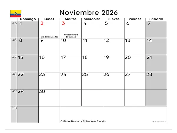 Calendario de noviembre de 2026 para imprimir - Ecuador