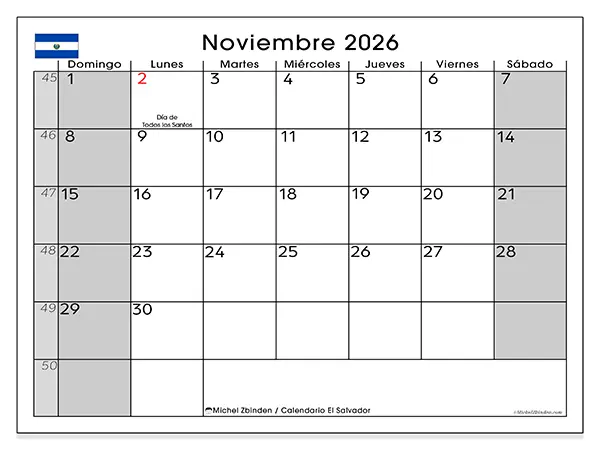Calendario de noviembre de 2026 para imprimir - El Salvador