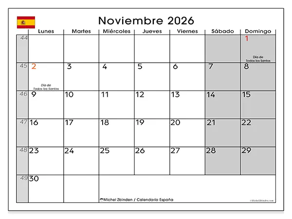 Calendario de noviembre de 2026 para imprimir - España