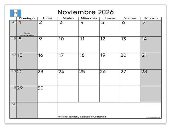 Calendario de noviembre de 2026 para imprimir - Guatemala