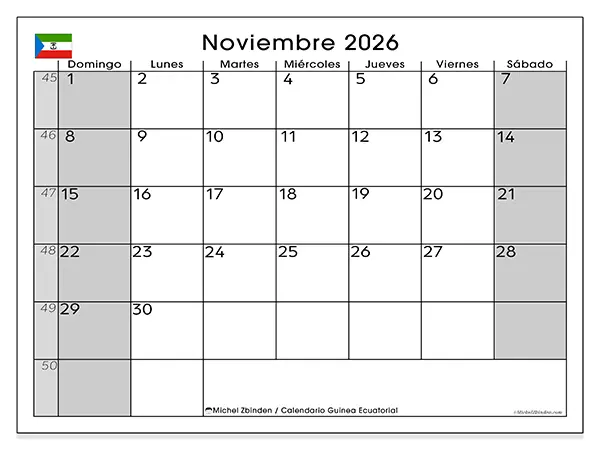Calendario de noviembre de 2026 para imprimir - Guinea Ecuatorial