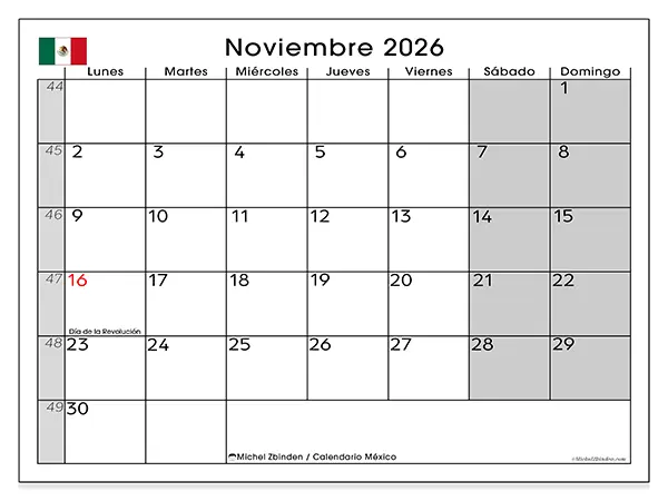 Calendario de noviembre de 2026 para imprimir - México