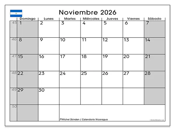 Calendario de noviembre de 2026 para imprimir - Nicaragua