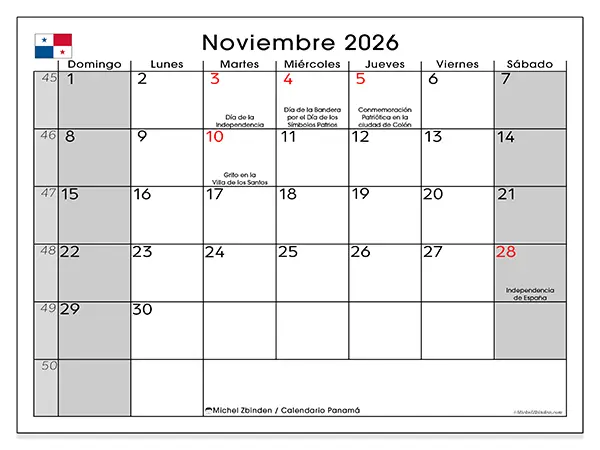 Calendario de noviembre de 2026 para imprimir - Panamá