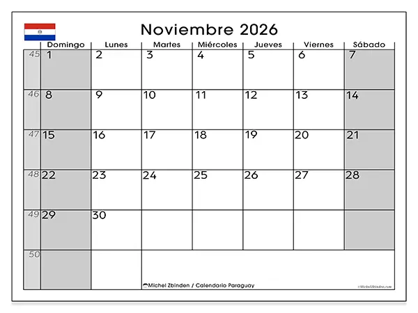 Calendario de noviembre de 2026 para imprimir - Paraguay