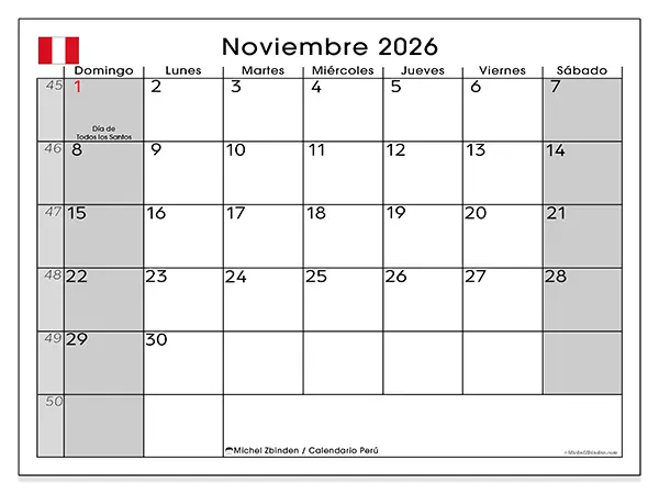 Calendario de noviembre de 2026 para imprimir - Perú