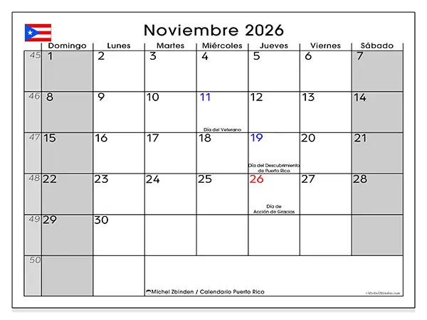 Calendario de noviembre de 2026 para imprimir - Puerto Rico