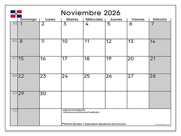 Calendario de noviembre de 2026 para imprimir - República Dominicana