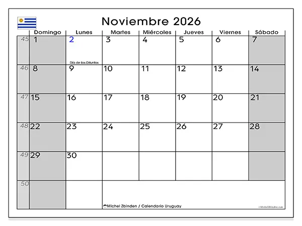 Calendario de noviembre de 2026 para imprimir - Uruguay