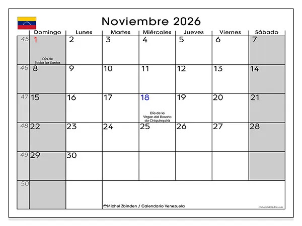 Calendario de noviembre de 2026 para imprimir - Venezuela