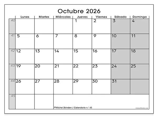 Calendario de octubre de 2026 para imprimir - Organización perfecta
