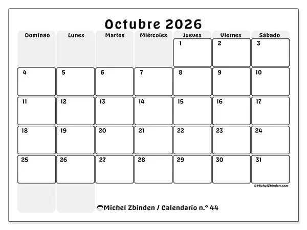 Calendario de octubre de 2026 para imprimir - Planificación estructurada - Semana de domingo a sábado