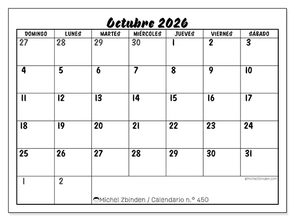 Calendario de octubre de 2026 para imprimir - Organización detallada - Semana de domingo a sábado