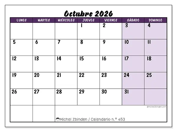 Calendario de octubre de 2026 para imprimir - Eficiencia colorida