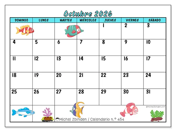 Calendario de octubre de 2026 para imprimir - Peces coloridos - Semana de domingo a sábado