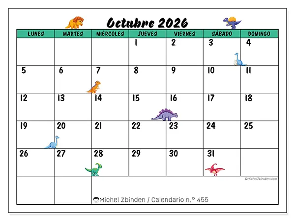 Calendario de octubre de 2026 para imprimir - Pequeños dinosaurios