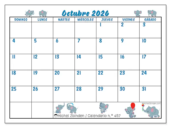 Calendario de octubre de 2026 para imprimir - Pequeños elefantes - Semana de domingo a sábado