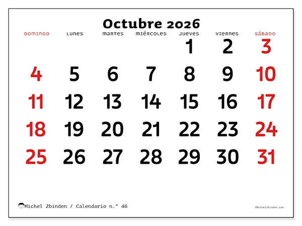 Calendario de octubre de 2026 para imprimir - Visión clara - Semana de domingo a sábado