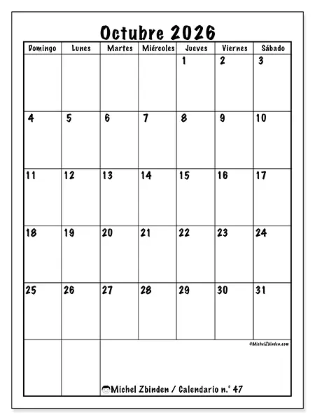 Calendario de octubre de 2026 para imprimir - Planificación eficiente - Semana de domingo a sábado