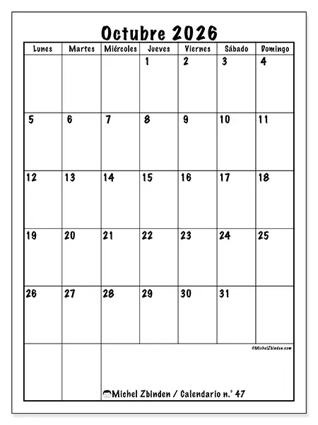 Calendario de octubre de 2026 para imprimir - Planificación eficiente