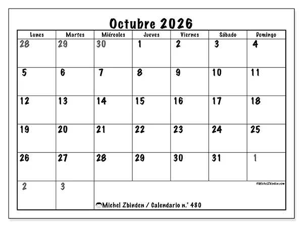 Calendario de octubre de 2026 para imprimir - Planificación completa
