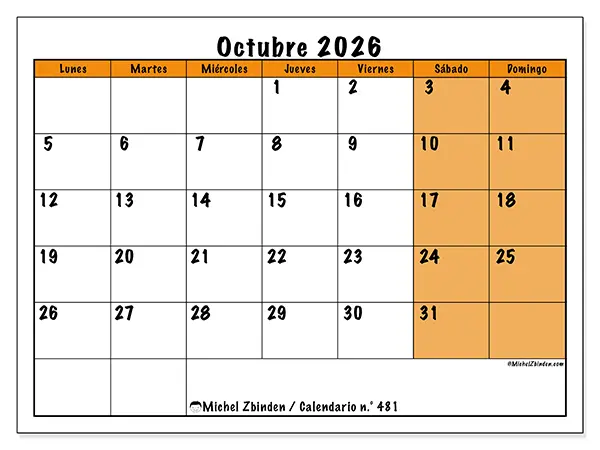 Calendario de octubre de 2026 para imprimir - Planificación dinámica