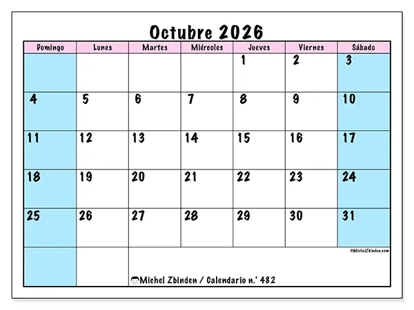 Calendario de octubre de 2026 para imprimir - Horario de equipo - Semana de domingo a sábado