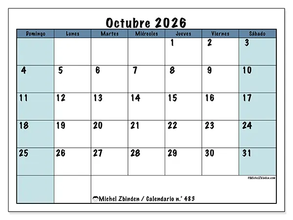 Calendario de octubre de 2026 para imprimir - Estructura para la escuela - Semana de domingo a sábado
