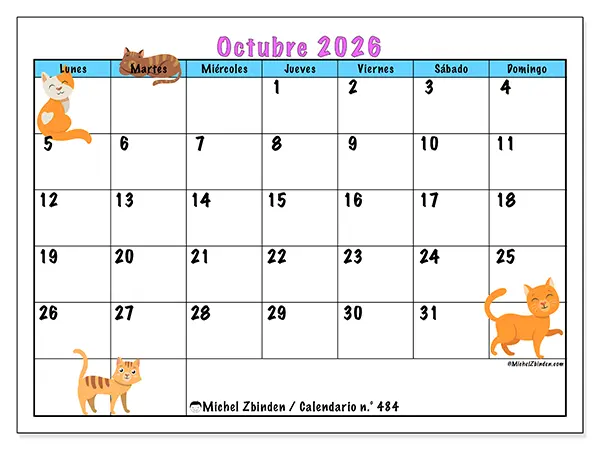 Calendario de octubre de 2026 para imprimir - Amor por los gatos