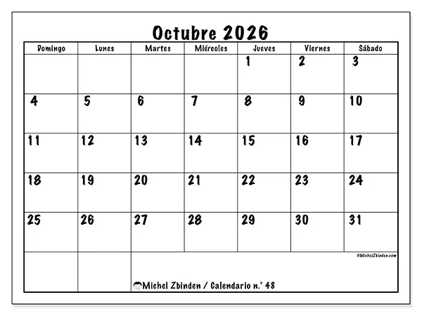 Calendario de octubre de 2026 para imprimir - Eficiencia diaria - Semana de domingo a sábado
