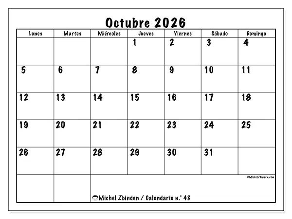 Calendario de octubre de 2026 para imprimir - Eficiencia diaria