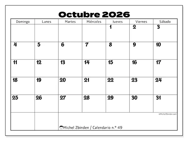 Calendario de octubre de 2026 para imprimir - Coordinación productiva - Semana de domingo a sábado