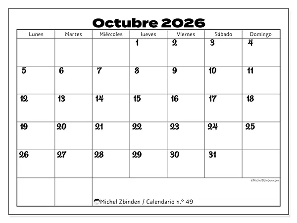 Calendario de octubre de 2026 para imprimir - Coordinación productiva