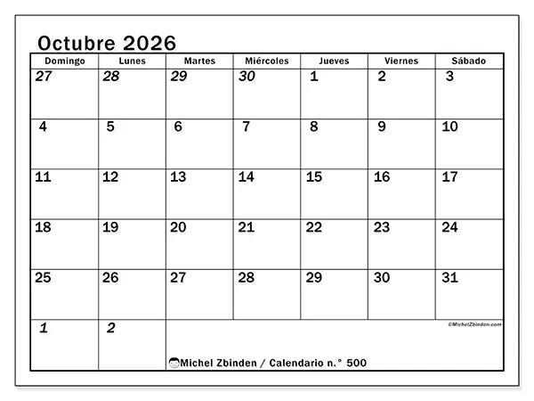 Calendario de octubre de 2026 para imprimir - Planificación intensiva - Semana de domingo a sábado